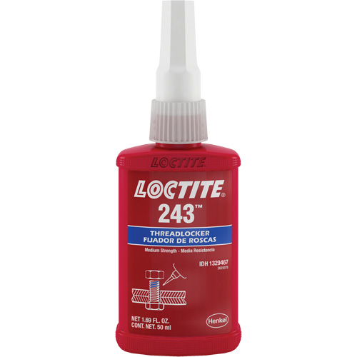 Compos&eacute; de blocage 243 tol&eacute;rant &agrave; l'huile, Bleu, Moyen, 50 ml, Bouteille Duraquip Inc