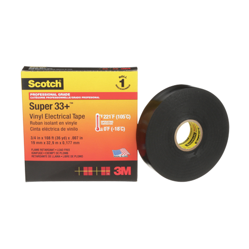 Scotch&reg; Super 33+ Vinyl Electrical Tape, 19 mm (3/4") x 33 m (108'), Black, 7 mils Duraquip Inc