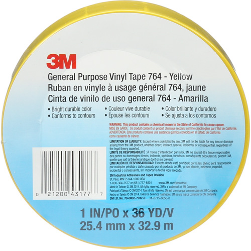Ruban en vinyle pour travaux g&eacute;n&eacute;raux 764, 25,4 mm (1") la x 32,9 m (108') lo, 5 mils, Jaune Duraquip Inc