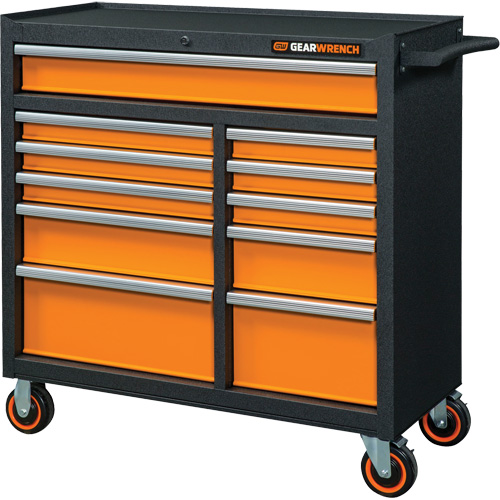 GSX Series Rolling Tool Cabinet, 11 Drawers, 41" W x 18-1/5" D x 41-1/2" H, Black/Orange Duraquip Inc