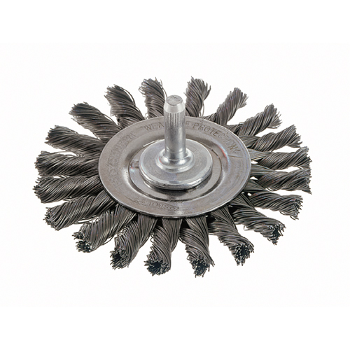 Brosses rotatives &agrave; fils nou&eacute;s - Brosse rotative &agrave; fils nou&eacute;s a/queue 1/4", fils nou&eacute;s standards, Dia. 4", Fils 0,014", Acier inoxydable Duraquip Inc