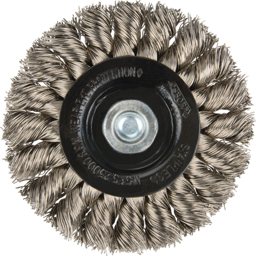 Brosses rotatives &agrave; fils nou&eacute;s - Brosse rotative &agrave; fils nou&eacute;s a/queue 1/4", Fils nou&eacute;s standards, Dia. 3", Fils 0,014", Acier inoxydable Duraquip Inc