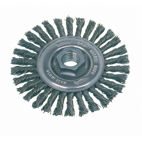 High Speed Small Grinder Stringer Bead Knot Wire Wheel Brush, 4" Dia., 0.02" Fill, 5/8"-11 Arbor, Steel Duraquip Inc