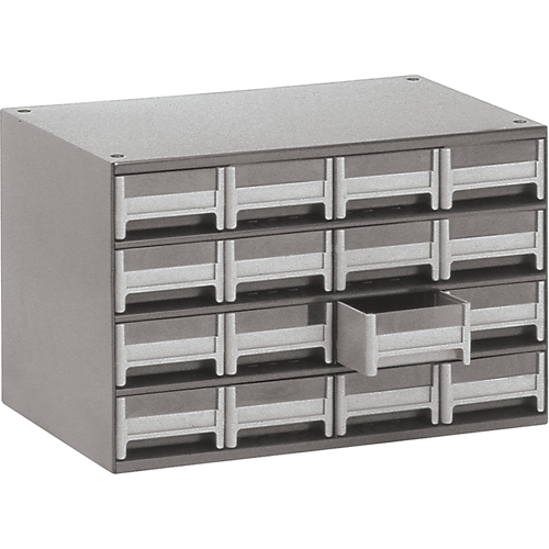 Modular Parts Cabinets, Steel, 16 Drawers, 17" x 10-9/16" x 2-1/8", Grey Duraquip Inc