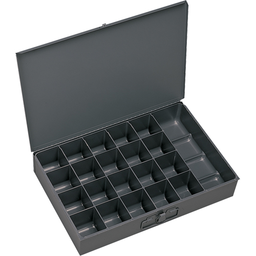 Compartment Scoop Boxes, Steel, 21 Slots, 18" W x 12" D x 3" H, Grey Duraquip Inc