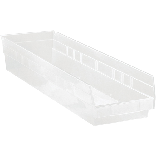 Shelf Bins, 6-5/8" W x 4" H x 23-5/8" D, Clear, 50 lbs. Capacity Duraquip Inc