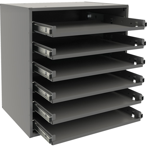 Small Bearing Slide Rack, Steel, 6 Slots, 15-9/16" W x 11-7/8" D x 16-3/8" H, Grey Duraquip Inc