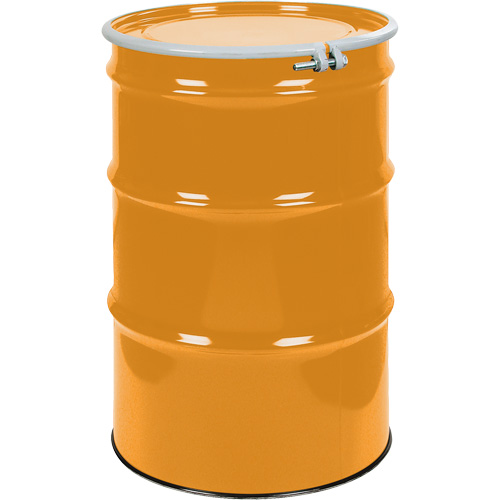 Steel Drums, 55 US gal (45 imp. gal.), Unlined, Orange, Open Top, UN1A2/Y1.5/150, 16 Gauge Duraquip Inc