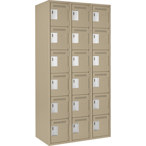 Clean Line Lockerette, 6 -tier, Bank of 3, 36" x 18" x 72", Steel, Beige, Rivet (Assembled) Duraquip Inc