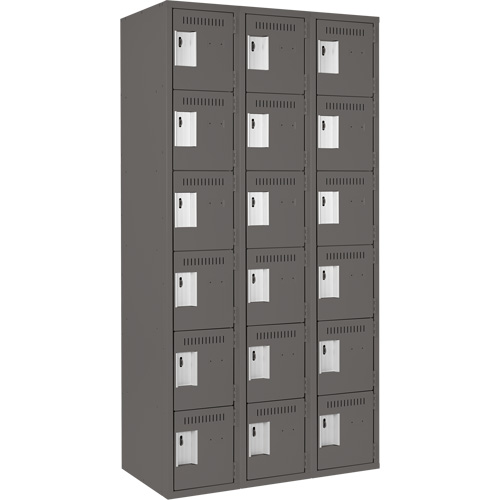 Clean Line Lockerette, 6 -tier, Bank of 3, 36" x 18" x 72", Steel, Charcoal, Rivet (Assembled) Duraquip Inc