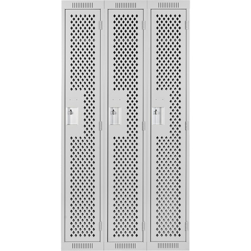 Clean Line Lockers, Bank of 3, 36" x 12" x 72", Steel, Grey, Rivet (Assembled), Perforated Duraquip Inc