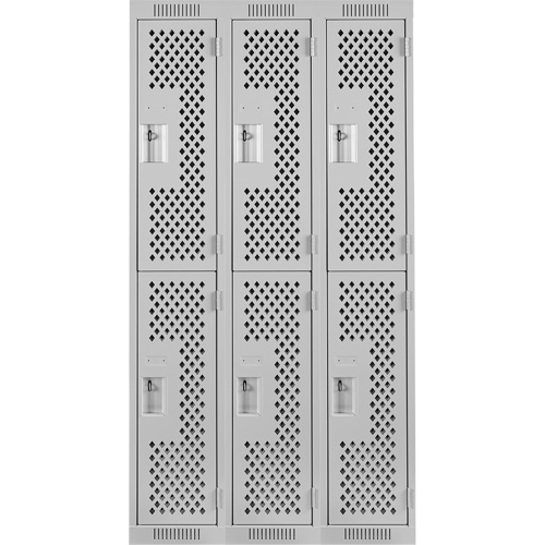 Clean Line Lockers, 2 -tier, Bank of 3, 36" x 12" x 72", Steel, Grey, Rivet (Assembled), Perforated Duraquip Inc