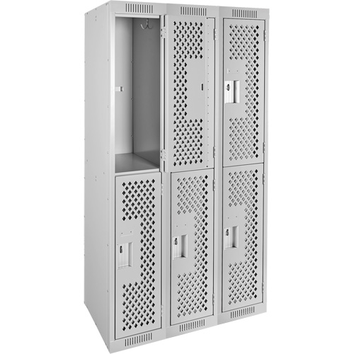 Clean Line Lockers, 2 -tier, Bank of 3, 36" x 12" x 72", Steel, Grey, Rivet (Assembled), Perforated Duraquip Inc