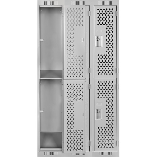 Clean Line Lockers, 2 -tier, Bank of 3, 36" x 12" x 72", Steel, Grey, Rivet (Assembled), Perforated Duraquip Inc