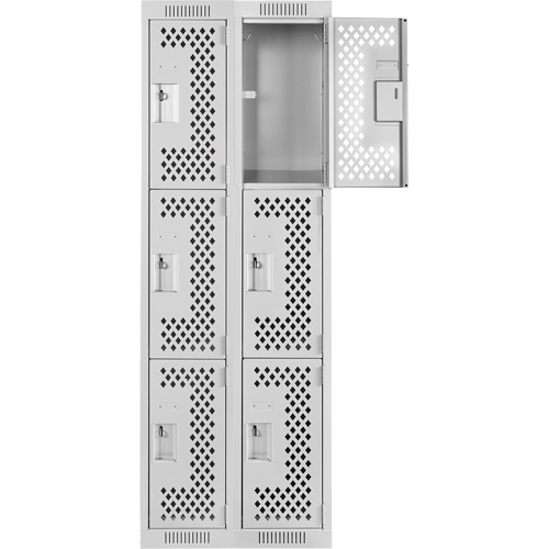 Clean Line Lockers, 3 -tier, Bank of 2, 24" x 12" x 72", Steel, Grey, Rivet (Assembled), Perforated Duraquip Inc