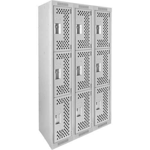 Clean Line Lockers, 3 -tier, Bank of 3, 36" x 12" x 72", Steel, Grey, Rivet (Assembled), Perforated Duraquip Inc