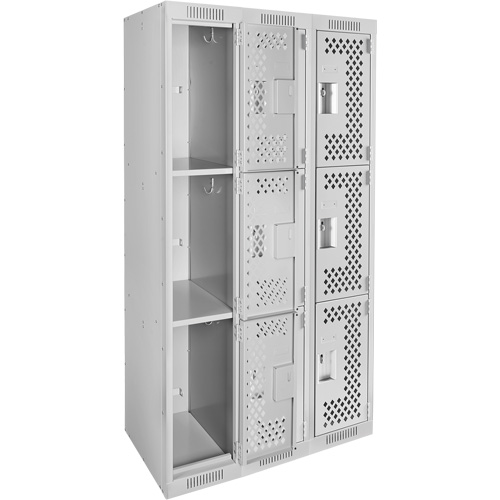 Clean Line Lockers, 3 -tier, Bank of 3, 36" x 12" x 72", Steel, Grey, Rivet (Assembled), Perforated Duraquip Inc