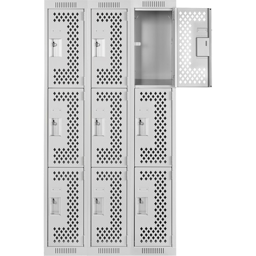 Clean Line Lockers, 3 -tier, Bank of 3, 36" x 12" x 72", Steel, Grey, Rivet (Assembled), Perforated Duraquip Inc