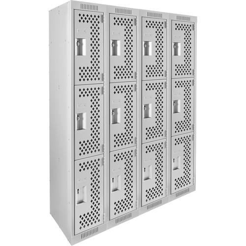 Clean Line Lockers, 3 -tier, Bank of 4, 48" x 12" x 72", Steel, Grey, Rivet (Assembled), Perforated Duraquip Inc