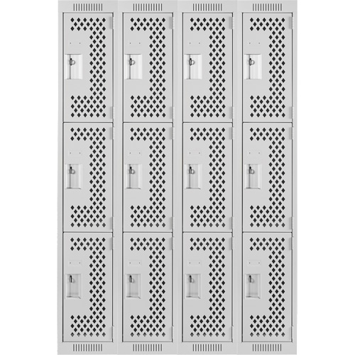 Clean Line Lockers, 3 -tier, Bank of 4, 48" x 12" x 72", Steel, Grey, Rivet (Assembled), Perforated Duraquip Inc