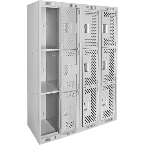 Clean Line Lockers, 3 -tier, Bank of 4, 48" x 12" x 72", Steel, Grey, Rivet (Assembled), Perforated Duraquip Inc
