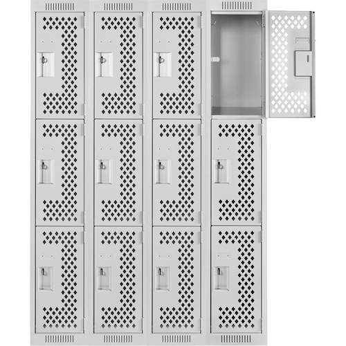Clean Line Lockers, 3 -tier, Bank of 4, 48" x 12" x 72", Steel, Grey, Rivet (Assembled), Perforated Duraquip Inc