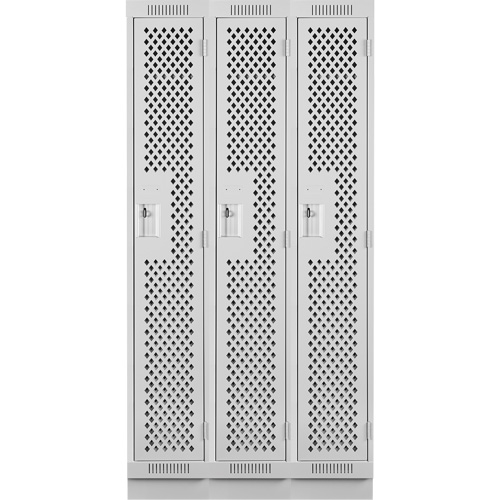 Clean Line Lockers, Bank of 3, 36" x 12" x 76", Steel, Grey, Rivet (Assembled), Perforated Duraquip Inc