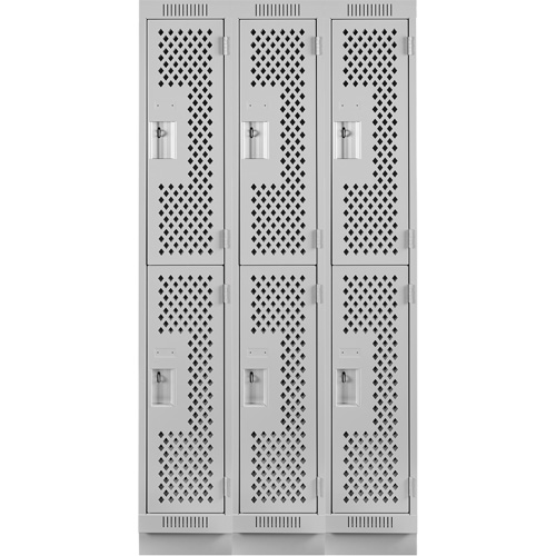 Clean Line Lockers, 2 -tier, Bank of 3, 36" x 15" x 76", Steel, Grey, Rivet (Assembled), Perforated Duraquip Inc