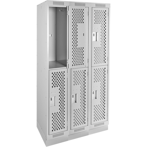 Clean Line Lockers, 2 -tier, Bank of 3, 36" x 15" x 76", Steel, Grey, Rivet (Assembled), Perforated Duraquip Inc
