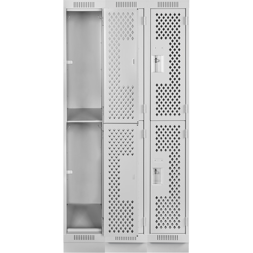 Clean Line Lockers, 2 -tier, Bank of 3, 36" x 15" x 76", Steel, Grey, Rivet (Assembled), Perforated Duraquip Inc