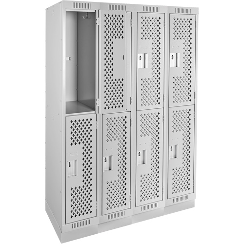 Clean Line Lockers, 2 -tier, Bank of 4, 48" x 15" x 76", Steel, Grey, Rivet (Assembled), Perforated Duraquip Inc