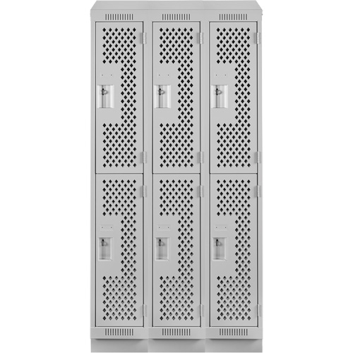Clean Line Lockers, 2 -tier, Bank of 3, 36" x 12" x 82", Steel, Grey, Rivet (Assembled), Perforated Duraquip Inc