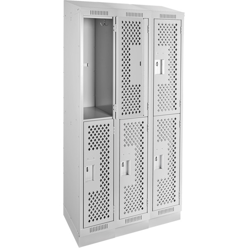 Clean Line Lockers, 2 -tier, Bank of 3, 36" x 12" x 82", Steel, Grey, Rivet (Assembled), Perforated Duraquip Inc