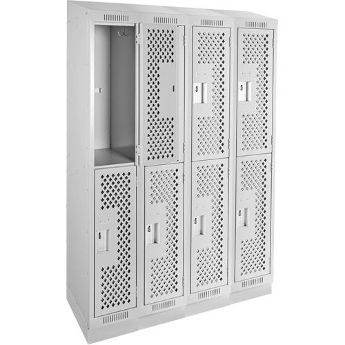 Clean Line Lockers, 2 -tier, Bank of 4, 48" x 12" x 82", Steel, Grey, Rivet (Assembled), Perforated Duraquip Inc
