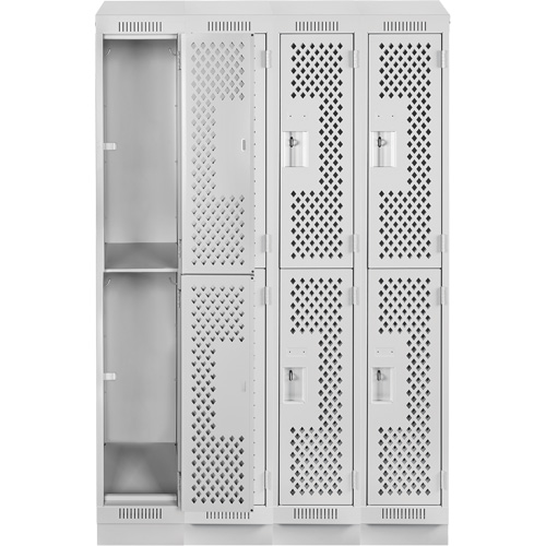 Clean Line Lockers, 2 -tier, Bank of 4, 48" x 12" x 82", Steel, Grey, Rivet (Assembled), Perforated Duraquip Inc