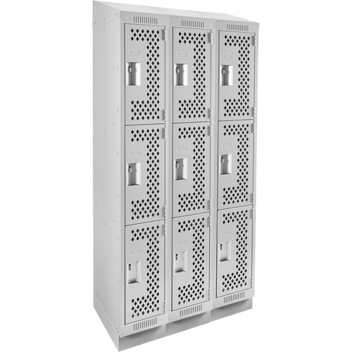 Clean Line Lockers, 3 -tier, Bank of 3, 36" x 18" x 82", Steel, Grey, Rivet (Assembled), Perforated Duraquip Inc