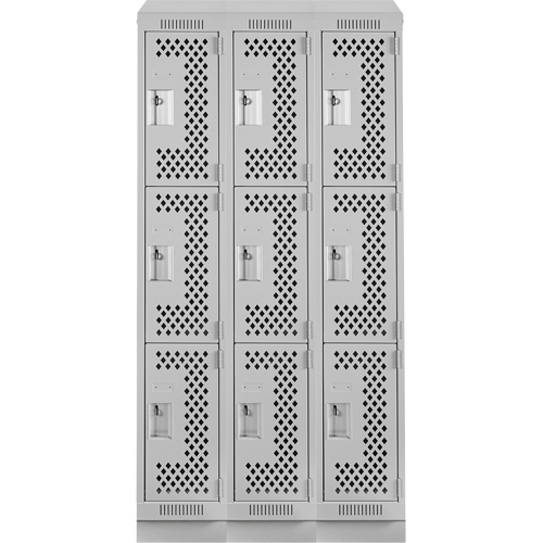 Clean Line Lockers, 3 -tier, Bank of 3, 36" x 18" x 82", Steel, Grey, Rivet (Assembled), Perforated Duraquip Inc
