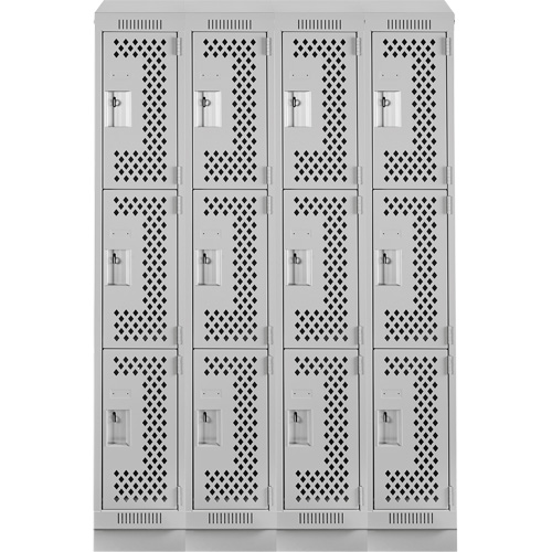 Clean Line Lockers, 3 -tier, Bank of 4, 48" x 18" x 82", Steel, Grey, Rivet (Assembled), Perforated Duraquip Inc
