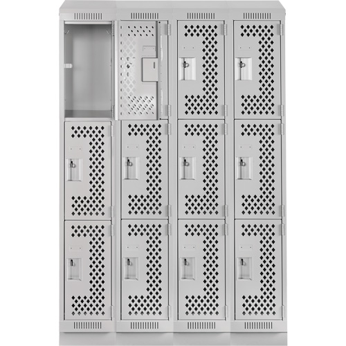 Clean Line Lockers, 3 -tier, Bank of 4, 48" x 18" x 82", Steel, Grey, Rivet (Assembled), Perforated Duraquip Inc