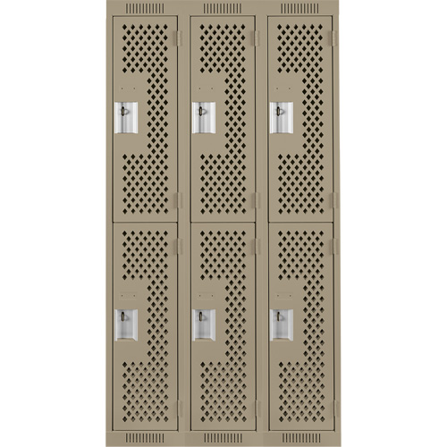 Clean Line Lockers, 2 -tier, Bank of 3, 36" x 12" x 72", Steel, Beige, Rivet (Assembled), Perforated Duraquip Inc