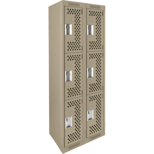 Clean Line Lockers, 3 -tier, Bank of 2, 24" x 12" x 72", Steel, Beige, Rivet (Assembled), Perforated Duraquip Inc