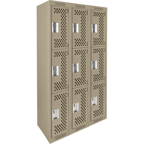 Clean Line Lockers, 3 -tier, Bank of 3, 36" x 12" x 72", Steel, Beige, Rivet (Assembled), Perforated Duraquip Inc