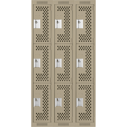Clean Line Lockers, 3 -tier, Bank of 3, 36" x 12" x 72", Steel, Beige, Rivet (Assembled), Perforated Duraquip Inc