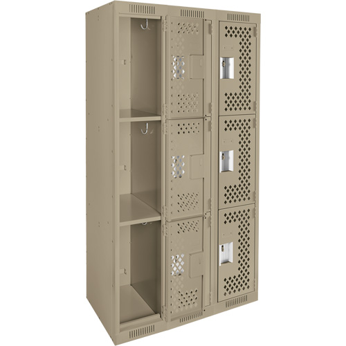 Clean Line Lockers, 3 -tier, Bank of 3, 36" x 12" x 72", Steel, Beige, Rivet (Assembled), Perforated Duraquip Inc