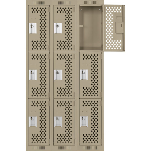 Clean Line Lockers, 3 -tier, Bank of 3, 36" x 12" x 72", Steel, Beige, Rivet (Assembled), Perforated Duraquip Inc