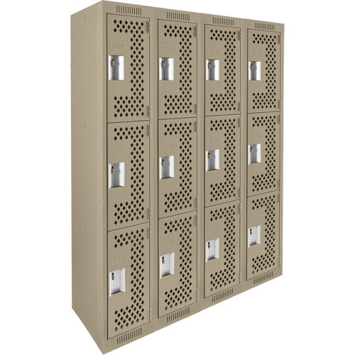 Clean Line Lockers, 3 -tier, Bank of 4, 48" x 12" x 72", Steel, Beige, Rivet (Assembled), Perforated Duraquip Inc
