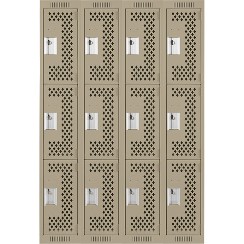 Clean Line Lockers, 3 -tier, Bank of 4, 48" x 12" x 72", Steel, Beige, Rivet (Assembled), Perforated Duraquip Inc