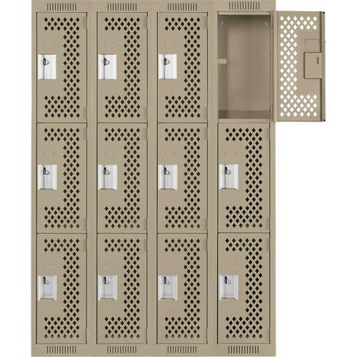 Clean Line Lockers, 3 -tier, Bank of 4, 48" x 12" x 72", Steel, Beige, Rivet (Assembled), Perforated Duraquip Inc