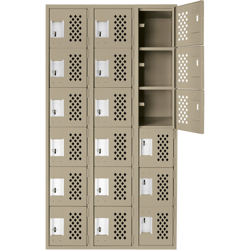 Assembled Lockerettes Clean Line Perforated Economy Lockers, 6 -tier, Bank of 3, 18" x 72" x 12", Steel Duraquip Inc