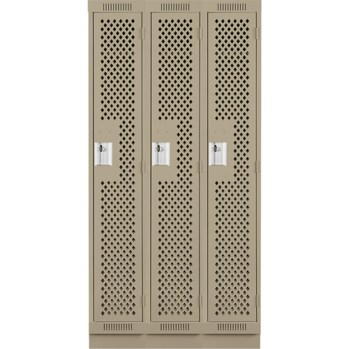 Clean Line Lockers, Bank of 3, 36" x 12" x 76", Steel, Beige, Rivet (Assembled), Perforated Duraquip Inc